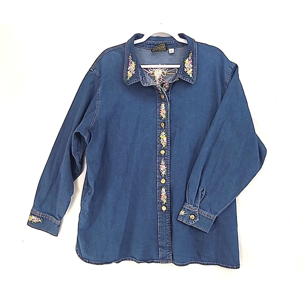 Bob Mackie Wearable Art Denim Shirt 2X Button Up Spring Floral Maypole